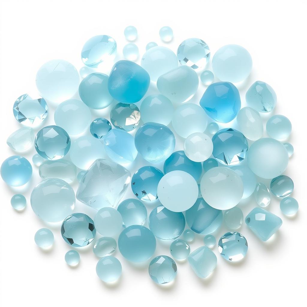 An exquisite display of large and small Aquamarine stones on a pure white backdrop