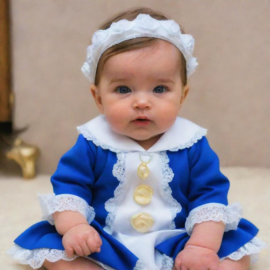 A cute baby dressed in Belle's iconic blue and white town outfit from the movie Beauty and the Beast