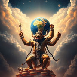 A powerful depiction of Varaha Avatar, the boar form of Lord Vishnu, triumphantly holding the Earth aloft on His tusks, symbolizing the restoration of order and the end of chaos