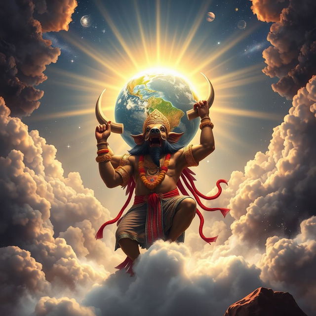 A powerful depiction of Varaha Avatar, the boar form of Lord Vishnu, triumphantly holding the Earth aloft on His tusks, symbolizing the restoration of order and the end of chaos