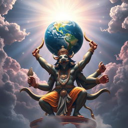 A powerful depiction of Varaha Avatar, the boar form of Lord Vishnu, triumphantly holding the Earth aloft on His tusks, symbolizing the restoration of order and the end of chaos