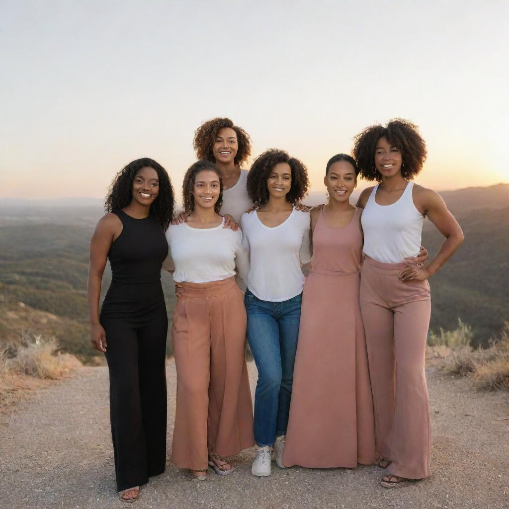 A diverse group of women showing strength, beauty and unity, standing together in a scenic landscape during sunset.