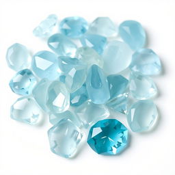 An elegant assortment of Aquamarine stones displayed against a pure white backdrop