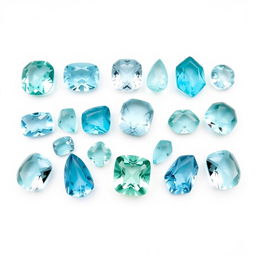 An elegant assortment of Aquamarine stones displayed against a pure white backdrop