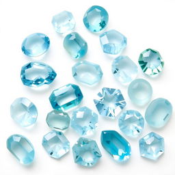 An elegant assortment of Aquamarine stones displayed against a pure white backdrop