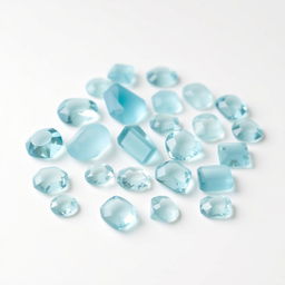 An elegant assortment of Aquamarine stones displayed against a pure white backdrop