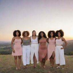 A diverse group of women showing strength, beauty and unity, standing together in a scenic landscape during sunset.