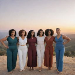 A diverse group of women showing strength, beauty and unity, standing together in a scenic landscape during sunset.