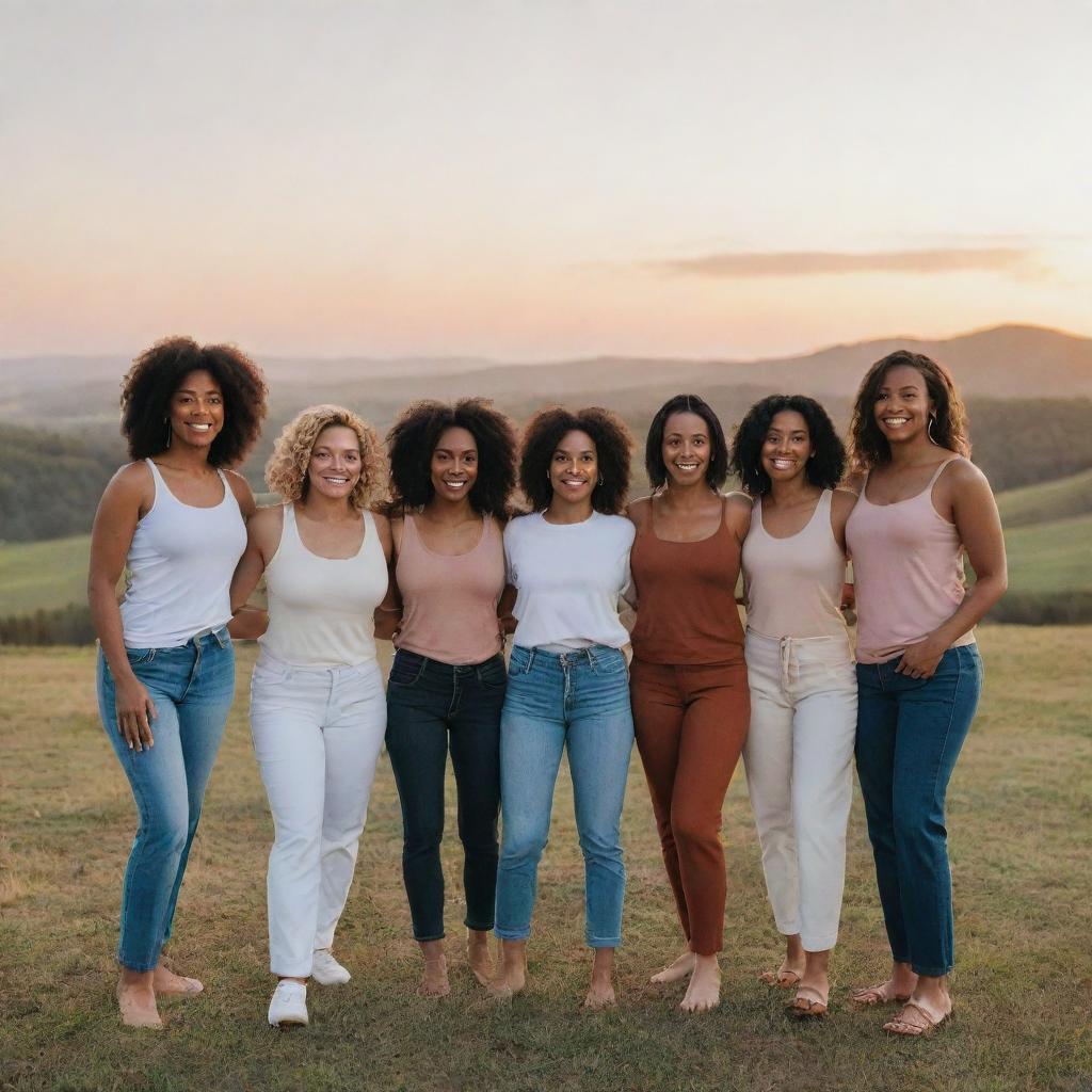 A diverse group of women showing strength, beauty and unity, standing together in a scenic landscape during sunset.