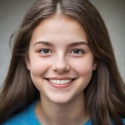 A portrait of an 18-year-old girl with radiant brown hair, lively eyes, and a warm smile.