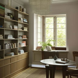 A well-lit, spacious room filled with stylish furniture, shelves filled with books, and a large picture window. The room has a warm, inviting atmosphere.