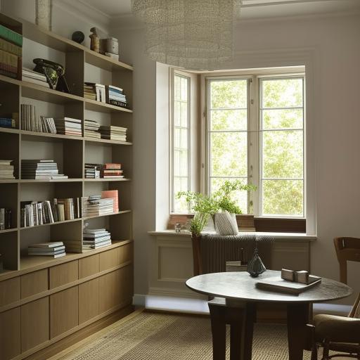 A well-lit, spacious room filled with stylish furniture, shelves filled with books, and a large picture window. The room has a warm, inviting atmosphere.