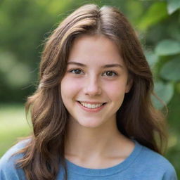 A portrait of an 18-year-old girl with radiant brown hair, lively eyes, and a warm smile.