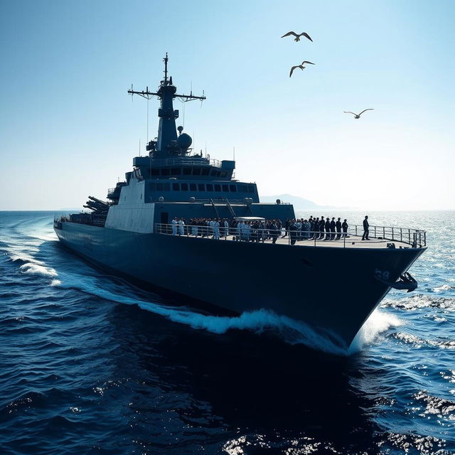 A majestic navy ship sailing smoothly across the deep blue ocean, its sleek design and powerful presence creating a striking silhouette against a clear sky