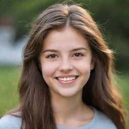 A portrait of an 18-year-old girl with radiant brown hair, lively eyes, and a warm smile.