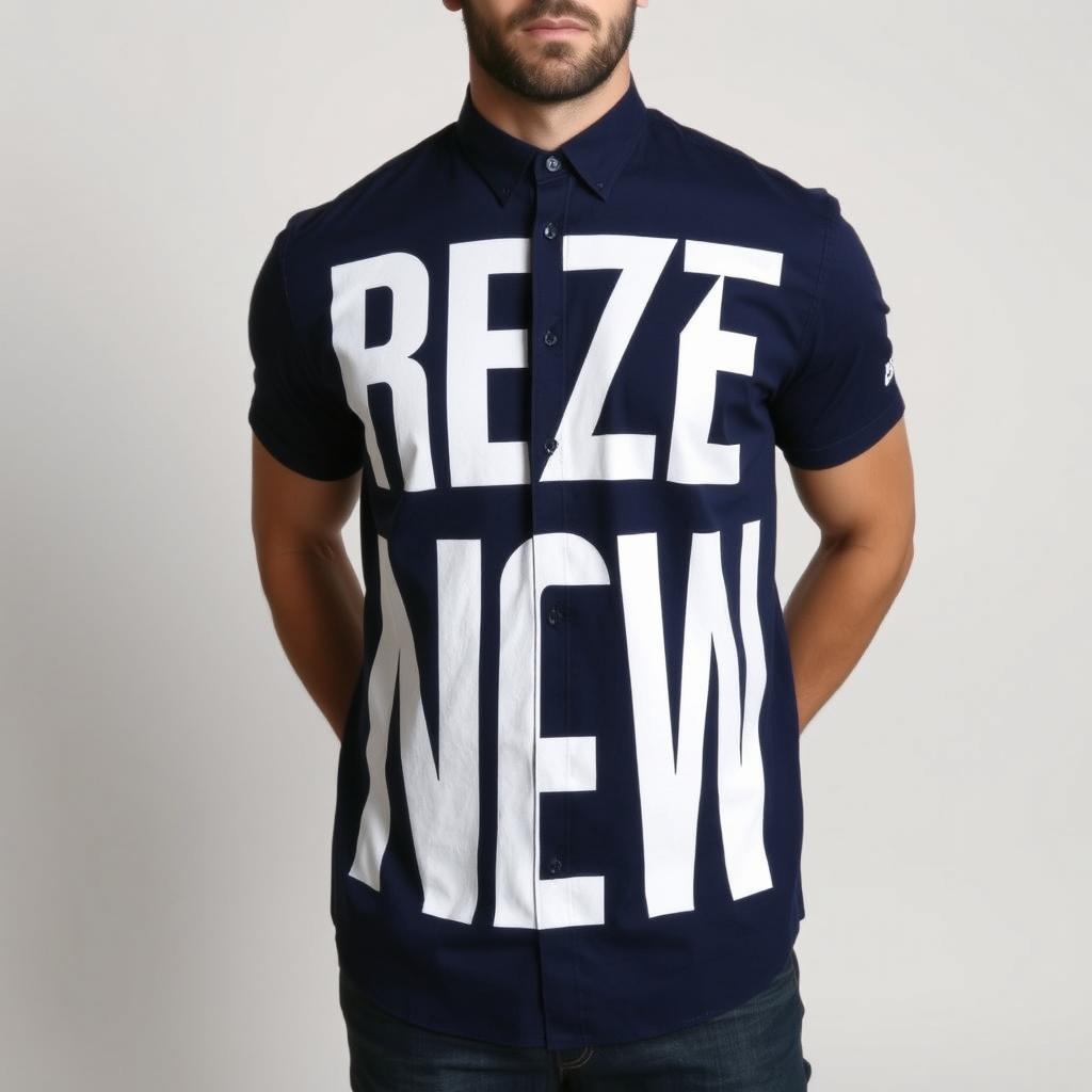 A stylish blue navy shirt featuring an eye-catching graphic design with bold white lettering