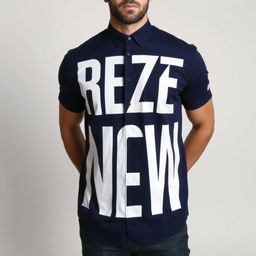 A stylish blue navy shirt featuring an eye-catching graphic design with bold white lettering