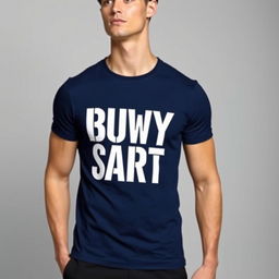 A stylish blue navy shirt featuring an eye-catching graphic design with bold white lettering