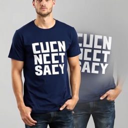 A stylish blue navy shirt featuring an eye-catching graphic design with bold white lettering