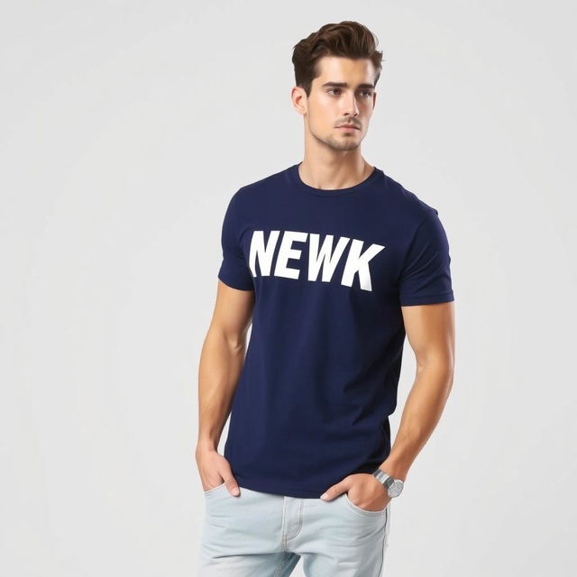 A stylish blue navy shirt featuring an eye-catching graphic design with bold white lettering