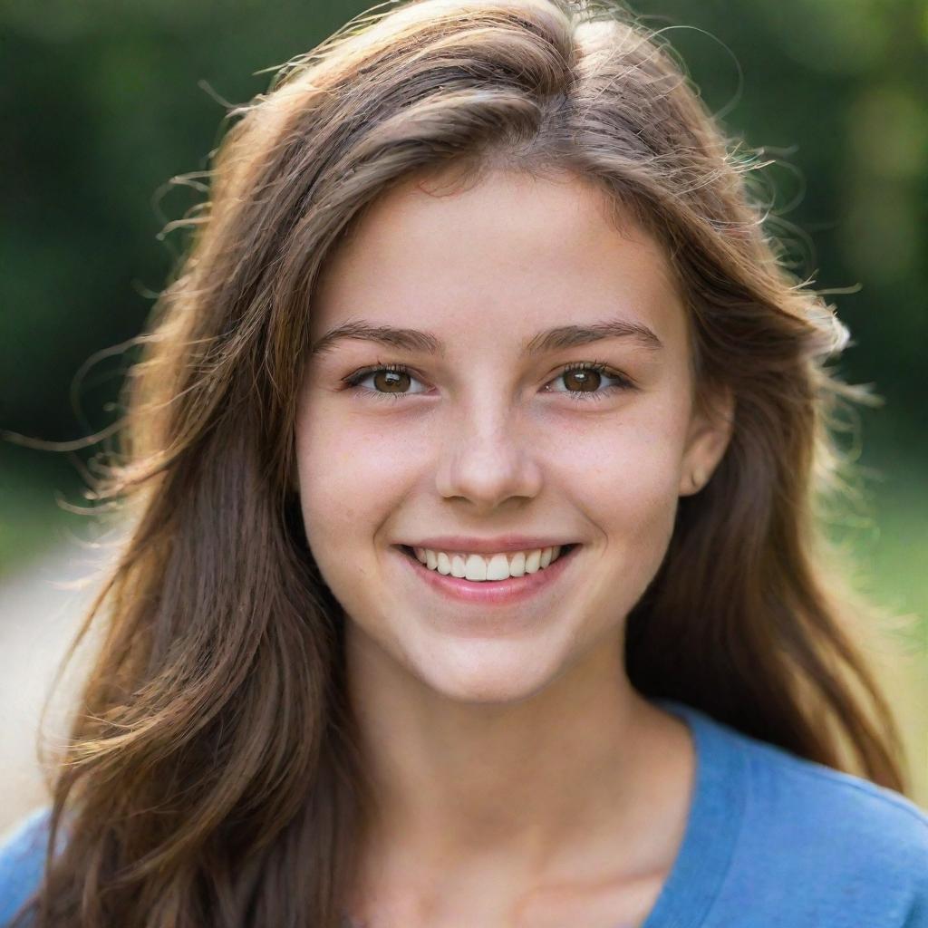 A portrait of an 18-year-old girl with radiant brown hair, lively eyes, and a warm smile.