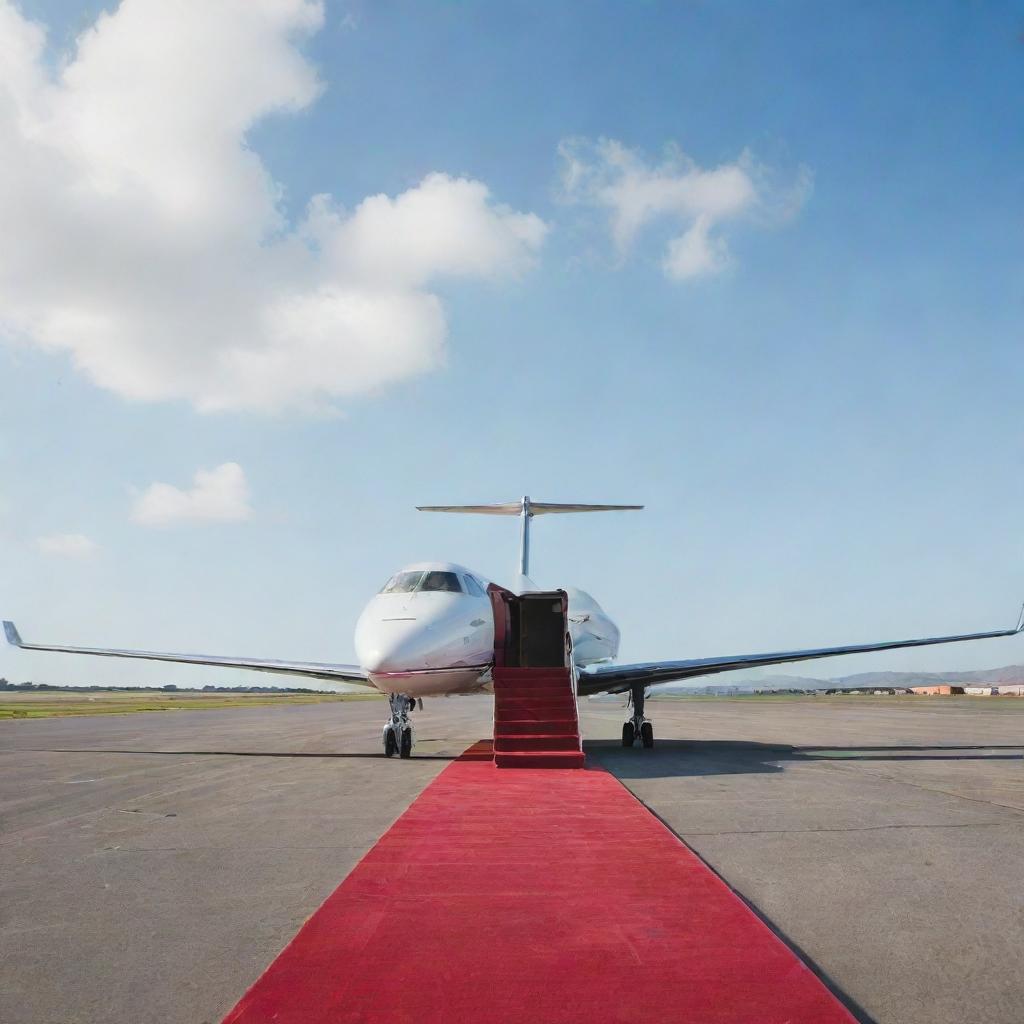 A private jet luxuriously parked on a tarmac, its door open, with a plush red carpet leading into it against a serene, clear sky.