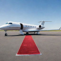 A private jet luxuriously parked on a tarmac, its door open, with a plush red carpet leading into it against a serene, clear sky.