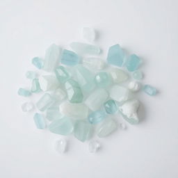 A captivating collection of Aquamarine crystals, including both polished and raw forms, displayed on a pure white backdrop