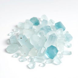 A captivating collection of Aquamarine crystals, including both polished and raw forms, displayed on a pure white backdrop