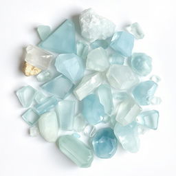 A captivating collection of Aquamarine crystals, including both polished and raw forms, displayed on a pure white backdrop