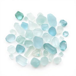 A captivating collection of Aquamarine crystals, including both polished and raw forms, displayed on a pure white backdrop