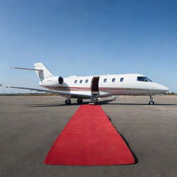 A private jet luxuriously parked on a tarmac, its door open, with a plush red carpet leading into it against a serene, clear sky.