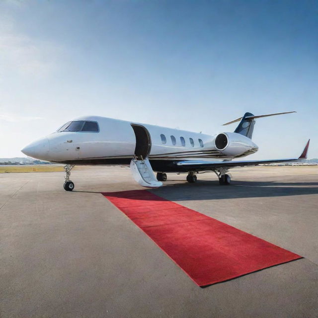 A private jet luxuriously parked on a tarmac, its door open, with a plush red carpet leading into it against a serene, clear sky.