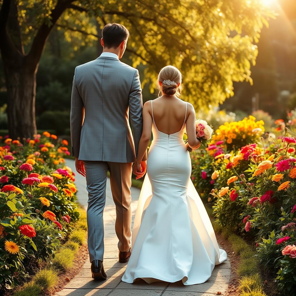 A tall, slim-bodied groom walking alongside his bride, who is wearing an elegant white wedding dress that accentuates her beautifully curved figure