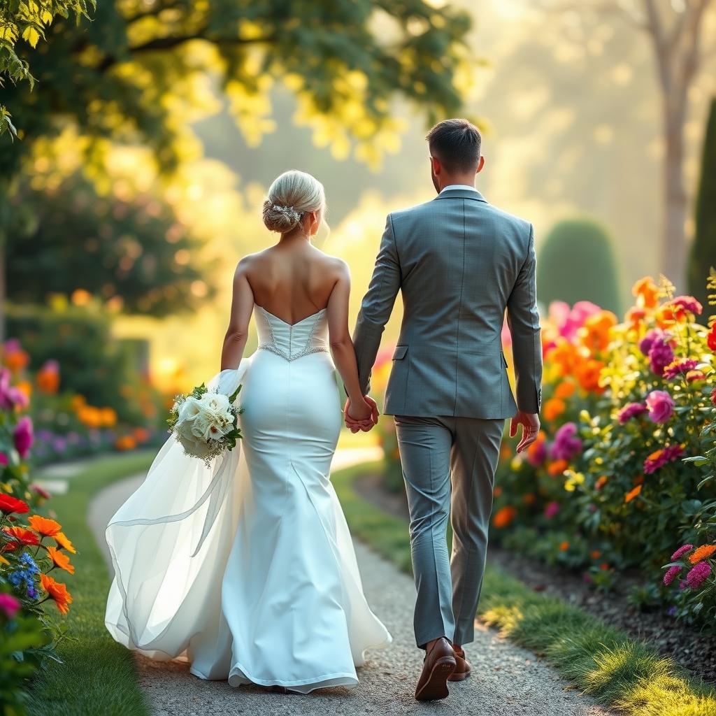 A tall, slim-bodied groom walking alongside his bride, who is wearing an elegant white wedding dress that accentuates her beautifully curved figure