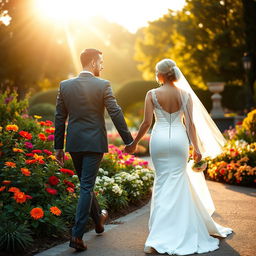 A tall, slim-bodied groom walking alongside his bride, who is wearing an elegant white wedding dress that accentuates her beautifully curved figure