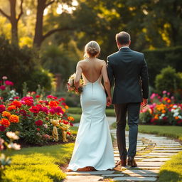 A tall, slim-bodied groom walking alongside his bride, who is wearing an elegant white wedding dress that accentuates her beautifully curved figure