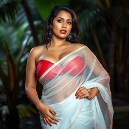 A seductive woman with a voluptuous figure, confidently posing in a wet, white silk saree that drapes elegantly over her curves