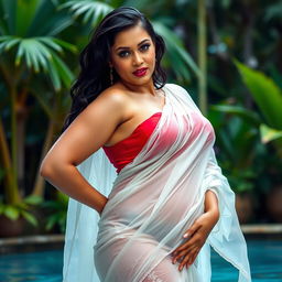 A seductive woman with a voluptuous figure, confidently posing in a wet, white silk saree that drapes elegantly over her curves