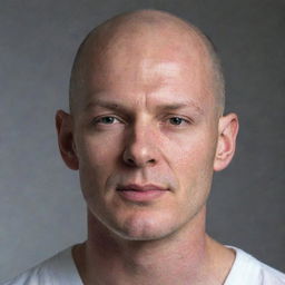 An image of a man with a perfectly bald, glossy head with no trace of hair. His facial features are pronounced and sharp, adding a sense of determination to his appearance.