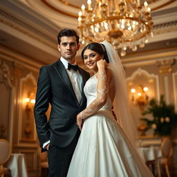 A slim-bodied groom in a sharp black suit, looking confidently at the camera while standing next to his bride, who is wearing a stunning white wedding dress