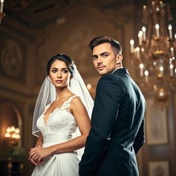 A slim-bodied groom in a sharp black suit, looking confidently at the camera while standing next to his bride, who is wearing a stunning white wedding dress