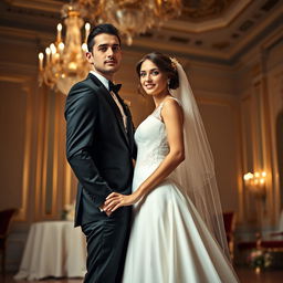 A slim-bodied groom in a sharp black suit, looking confidently at the camera while standing next to his bride, who is wearing a stunning white wedding dress