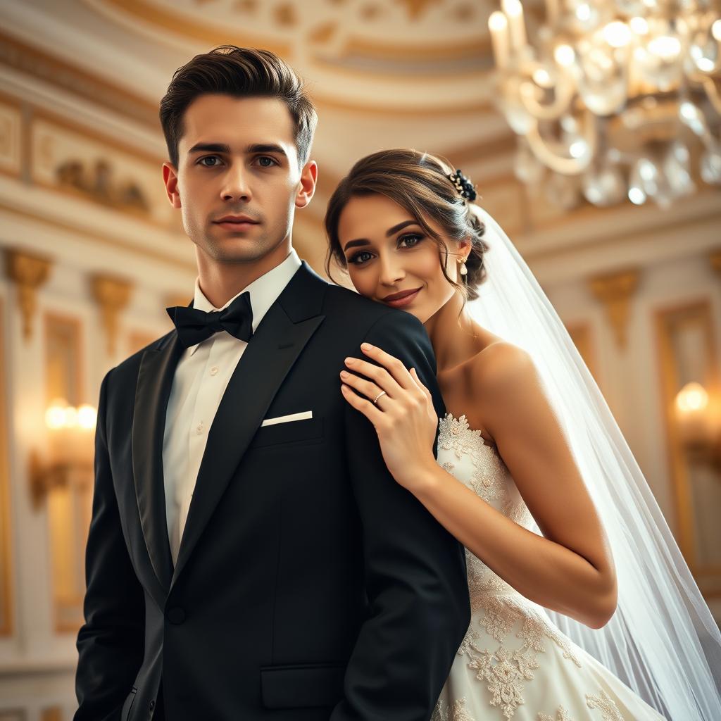 A slim-bodied groom in a sharp black suit, looking confidently at the camera while standing next to his bride, who is wearing a stunning white wedding dress