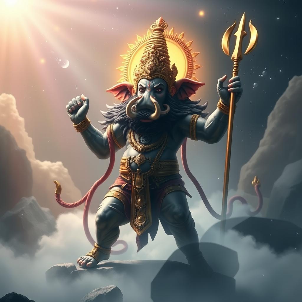 A majestic portrayal of Lord Vishnu's Varaha Avatar, the mighty boar form, exuding divine grandeur and revered by all