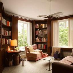 A well-lit, spacious room filled with stylish furniture, shelves filled with books, and a large picture window. The room has a warm, inviting atmosphere.