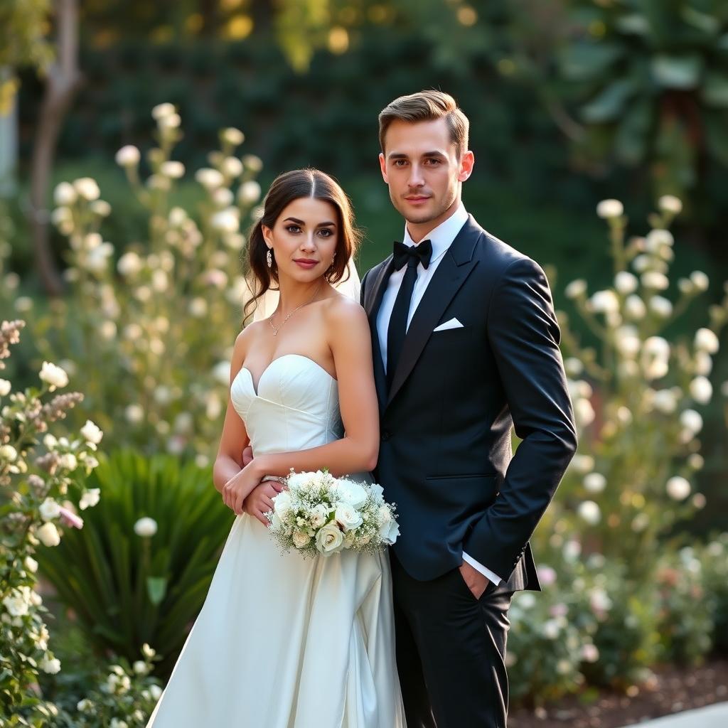 A slim-bodied groom in a sharp black suit, confidently facing the camera beside his bride, who is elegantly draped in a white wedding dress