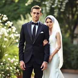 A slim-bodied groom in a sharp black suit, confidently facing the camera beside his bride, who is elegantly draped in a white wedding dress