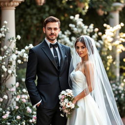 A slim-bodied groom in a sharp black suit, confidently facing the camera beside his bride, who is elegantly draped in a white wedding dress