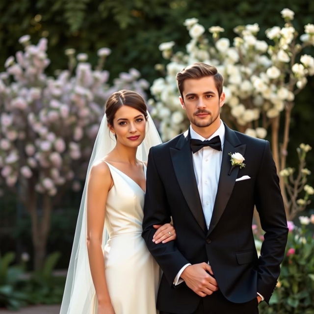 A slim-bodied groom in a sharp black suit, confidently facing the camera beside his bride, who is elegantly draped in a white wedding dress